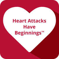 Red background with a white vector image of a heart with the words Heart Attacks Have Beginnings inside of it.