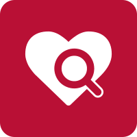 Red square with the white icon of a heart with a magnifying glass over it.