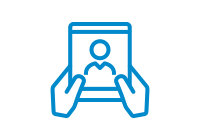 Blue vector icon of a pair of hands holding up a tablet like device with a human silhouette on the screen.
