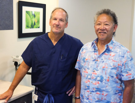 Hip replacement patient, David Woo (right) next to NorthBay Health orthopedic surgeon Dr. Brooks (left).