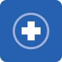 Blue square with rounded corners and a white medical cross with a circle around it in the middle.