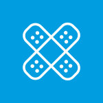White icon of a band-aid on a bright blue background.