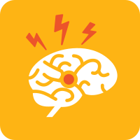 Yellow square with the white icon of a brain with an orange dot in the middle and three orange lightning bolts coming out of it.