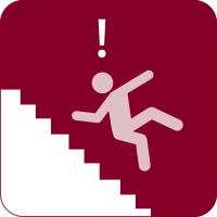 Vector image of a stick figure person falling down the stairs with an exclamation mark over their head.