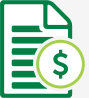 Green vector icon of a document with a circle containing a dollar sign to the bottom right.