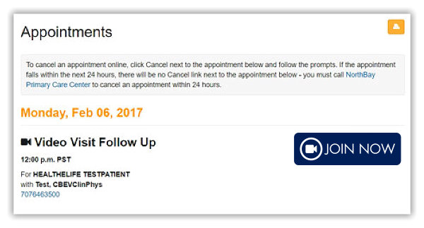 Screenshot of inside our patient portal, MyNorthBayDoc, on the appointments page. Image shows an appointment for a test patient and a large join now video visit button.