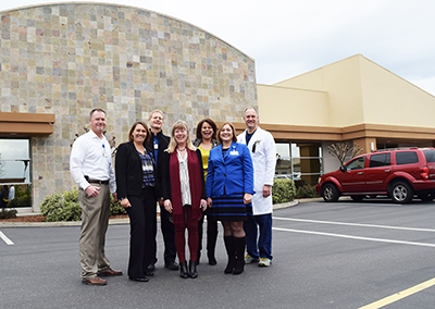 Ray Green (left) led a tour of the newest addition to the Hilborn campus with (left to right) Aimee Brewer, Doug Hinton, Joelyn Gropp, Justine Zilliken, Diana Nalett and Dr. Cornelis Elmes.