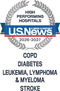 U.S. News & World High performing hospitals emblems with the conditions COPD, Diabetes, Leukemia, lymphoma & myeloma, and stroke beneath it. 