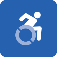 A blue square with the white icon of a person in motion using their wheelchair.