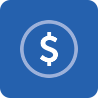 Blue square with a vector icon of a circle with a dollar sign in the middle. This link goes to our financial counseling page.