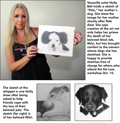 Vacaville artist Holly Bell holding a sketch of her mother's deceased dog Pete. Two other of her sketches appear under the photo of her.