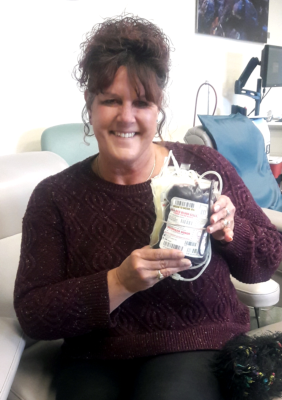 Pam Moore, front desk receptionist for NorthBay HealthSpring Fitness, has donated 60 pints of blood in her lifetime.