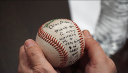NorthBay nurse Danielle Manno, R.N., treasures the message her son signed for her on a baseball.