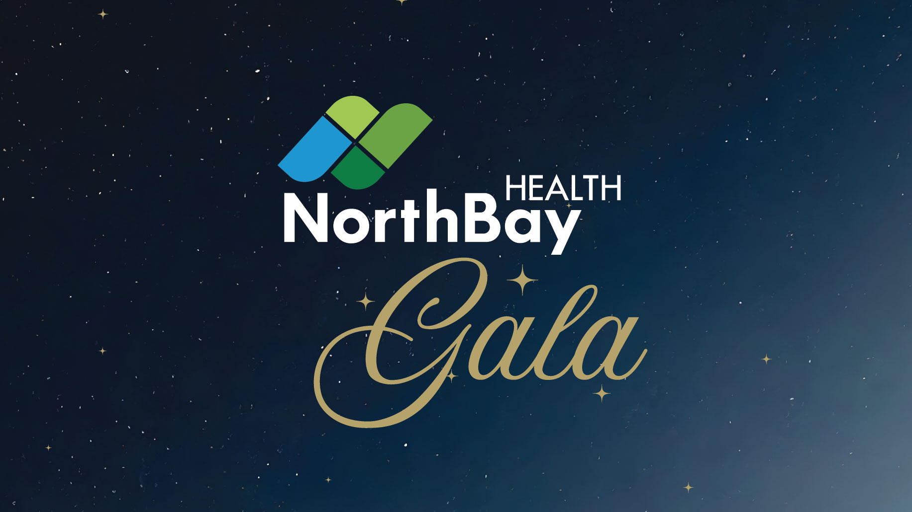 A starry night background with NorthBay Health's logo above the word Gala is gold, script font.