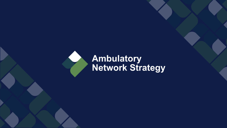 Deep sea blue background with a modular pattern of curved squares and rectangles in white, grass green and deep forest green in the bottom left and top right corners. The logo for NorthBay's Ambulatory Network Strategy appears in the middle.